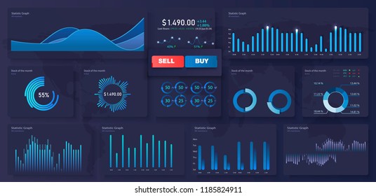 Infographic dashboard template with flat design graphs and pie charts. Information Graphics elements for UI UX design. Web elements in moden style. Modern modern infographic vector template.