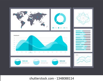 Infographic dashboard template with flat design graphs and charts. Processing and analysis of data. World map and mark on it

