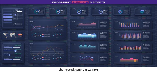 Infographic Dashboard Template With Flat Design Graphs And Pie Charts Online Statistics And Data Analytics. Information Graphics Elements For UI UX Design. Modern Style Web Elements. Stock Vector