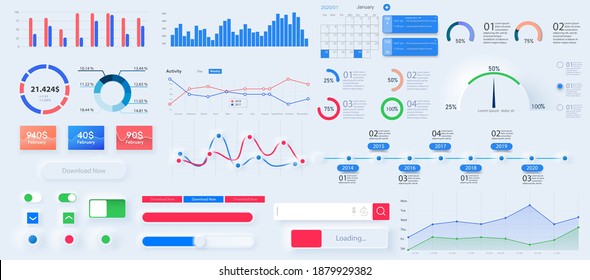 Infografik-Dashboard-Vorlage mit flachen Design-Diagrammen und Kuchendiagrammen. Information Graphics Elemente für Web Design. Webelemente im modernen Stil. Bundle Infografik UI, UX, KIT Neumorphic Elemente.