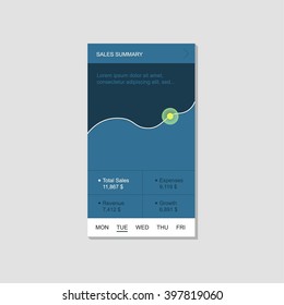 Infographic dashboard template with flat design graphs and charts. Mobile app design. Processing and analysis of data