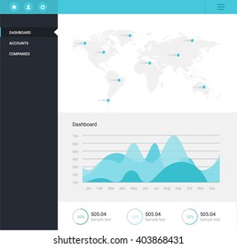 Infographic dashboard template with flat design graphs and charts. Processing and analysis of data. World map and mark on it