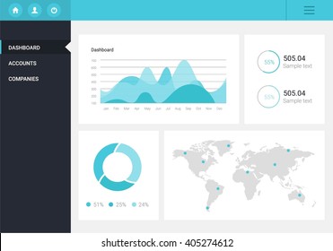 Infographic dashboard template with flat design graphs and charts. Processing and analysis of data. World map and mark on it