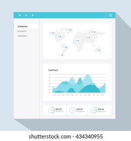 Infographic dashboard template with flat design graphs and charts. Processing and analysis of data. World map and mark on it