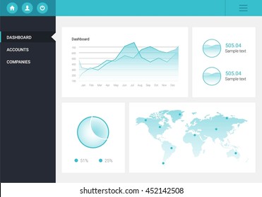 Infographic dashboard template with flat design graphs and charts. Processing and analysis of data. World map and mark on it