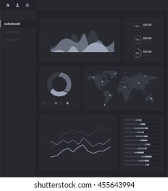 Infographic dashboard template with flat design graphs and charts. Processing and analysis of data. World map and mark on it