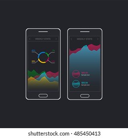 Infographic dashboard template with flat design graphs and charts. Mobile app design. Processing and analysis of data