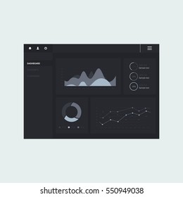 Infographic dashboard template with flat design graphs and charts. Processing and analysis of data