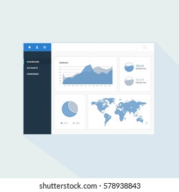 Infographic dashboard template with flat design graphs and charts. Processing and analysis of data. World map and mark on it