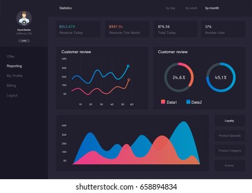 Infographic Dashboard Template With Flat Design Graphs And Charts. Information Graphics Elements