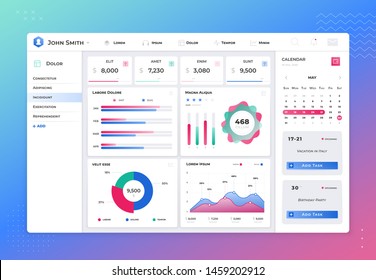 Infographic dashboard template. Modern admin panel ui interface with flat design graphs, charts and diagrams. Vector analytical report information graphics elements