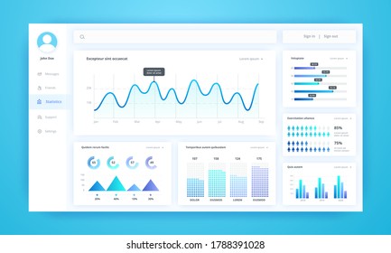 Infographic dashboard. UI kit with diagrams, pie charts, line progress bars and histogram graphs for business presentation. Vector illustration admin panel interfaces elements