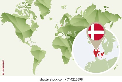 Infographic for Denmark, detailed map of Denmark with flag. Vector Info graphic green map.