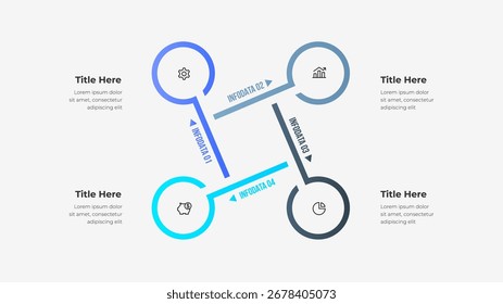 Infografía que muestra un proceso de cuatro pasos con segmentos circulares e iconos comerciales para uso organizacional o presentaciones