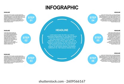 Infographic depicting six steps in blue circles with white text for business success.