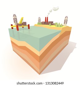 Infographic depicts oil production using an oil rig and oil platform near the shore. Includes offshore oilrig, land oil rig and refinery plant.