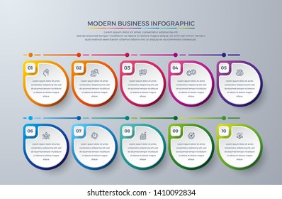 Diseño infográfico con 10 pasos o opciones de proceso. Diseñar elementos para su negocio, como informes, folletos, folletos, flujos de trabajo y más. Diseño gráfico con colores modernos e iconos sencillos.