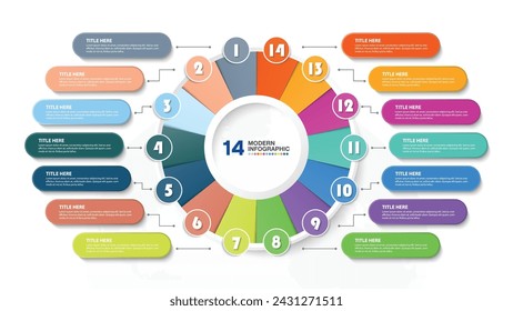 Diseño infográfico 14 opciones o pasos. Vector de línea fina. Concepto de negocio de infografía para infografía, diagramas de flujo.