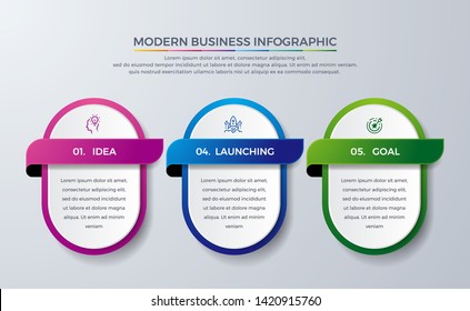 Infographic design with 3 process or steps. Infographic for diagram, report, workflow and more. Infographic with modern and simple icon. Idea, research, process, launching, growth, goal illustration.