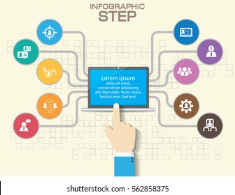 Infographic design with 3d laptop computer can be used for workflow layout, diagram, chart, number options, web design. Eps 10 stock vector illustration