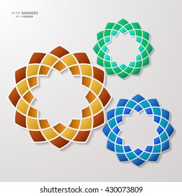 Infographic design of 3D round symmetrical Islamic arabesque shapes