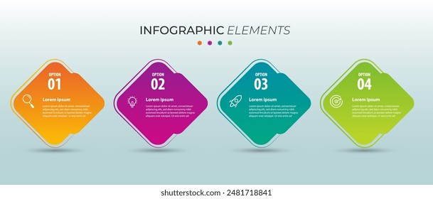 Infografik-Design mit 4 Optionen oder Schritten, kann für Workflow-Diagramm, Infodiagramm, Webdesign verwendet werden. Vektorillustration.	