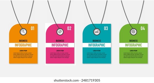 Infografik-Design mit 4 Optionen oder Schritten, kann für Workflow-Diagramm, Infodiagramm, Webdesign verwendet werden. Vektorillustration.	