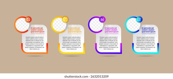 Infographic design with 4 process choices or steps. Creative infographic for diagrams, reports, leaflets, brochures, workflows. circle shape for photo space. 