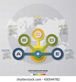 Infographic design with 5 options circles on the grey background. Eps 10 vector file.
