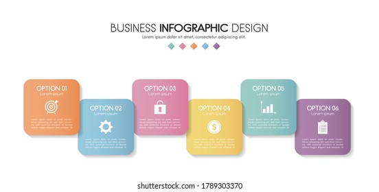 Infografisches Design mit 6 Elementen. Diagramm mit Symbolen. Vektorgrafik