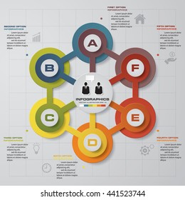 Infographic design with 6 options circles on the grey background. Eps 10 vector file.