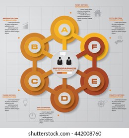 Infographic design with 6 options circles on the grey background. Eps 10 vector file.