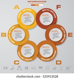 Infographic design with 6 options circles on the grey background. Eps 10 vector file.