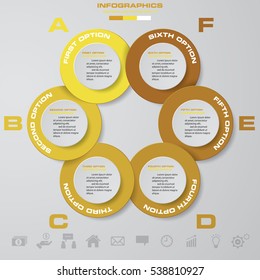 Infographic design with 6 options circles on the grey background. Eps 10 vector file.