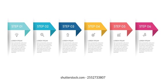 design infográfico com 6 opções ou etapas. Infográficos para o conceito de negócios. Pode ser usado para layout de fluxo de trabalho de apresentações, banner, processo, diagrama, fluxograma, gráfico de informações, relatório anual.