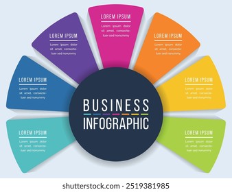 Infográfico design 7 etapas, objetos, elementos ou opções infográfico modelo de negócios