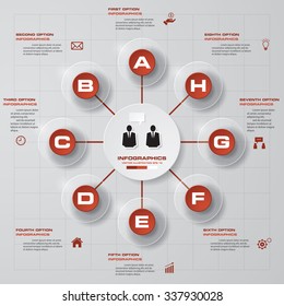 Infographic design with 8 options circles on the grey background. Eps 10 vector file.