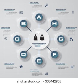Infographic design with 8 options circles on the grey background. Eps 10 vector file.