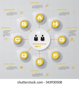 Infographic design with 8 options circles on the grey background. Eps 10 vector file.