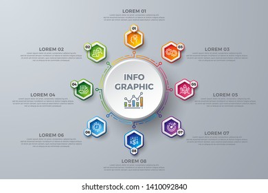 Infographic design with 8 process choices or steps. Design elements for your business such as reports, leaflets, brochures, workflows and more. Infographic design with modern colors and simple icons.