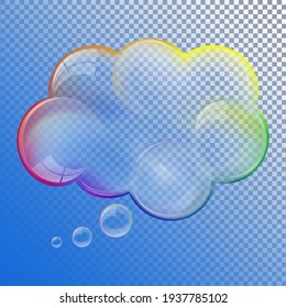 Infographic design. Abstract transparent soap bubble speech thought cloud with bright flashes isolated on the checked light blue background. Eps 10 vector file.