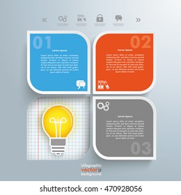 Infographic design with bulb and round quadrates on the gray background. Eps 10 vector file.