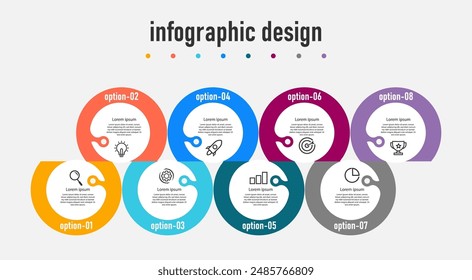 Infografik Design Business mit 8 Stufen, Optionen können für Workflow-Diagramm, Infodiagramm, Webdesign verwendet werden. Vektorillustration.