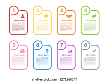 Die Vektorillustration des Geschäftskonzepts mit Infografik-Design mit 8 Schritten oder Optionen oder Prozessen stellt ein Workflow- oder Ablaufdiagramm oder Diagramm für Broschüren, Geschäftsberichte oder Präsentationen dar 