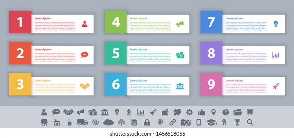 Infographic design business concept vector illustration with 9 steps or options or processes represent work flow or diagram