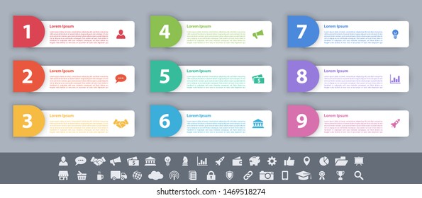 Infographic design business concept vector illustration with 9 steps or options or processes represent work flow or diagram