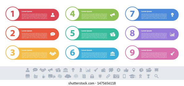 Infographic design business concept vector illustration with 9 steps or options or processes represent work flow or diagram