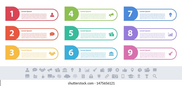 Infographic design business concept vector illustration with 9 steps or options or processes represent work flow or diagram
