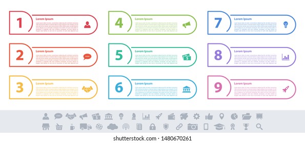 Infographic design business concept vector illustration with 9 steps or options or processes represent work flow or diagram or web button banner