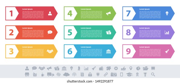 Infographic design business concept vector illustration with 9 steps or options or processes represent work flow or diagram